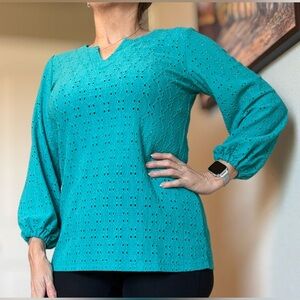 Susan Graver Passport Teal Eyelet Blouse XXS